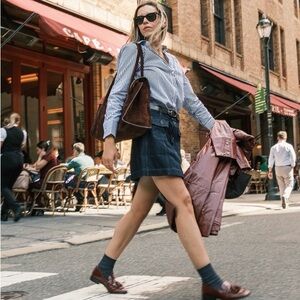 Striped Blue Shirt and Denim Skirt Outfit